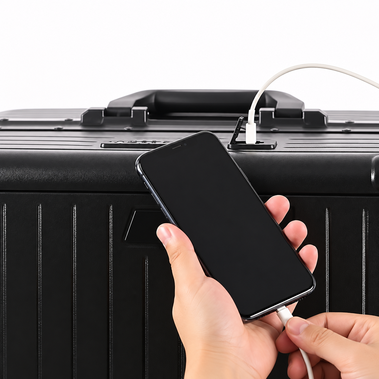 Charging cable connected to the suitcase and a phone