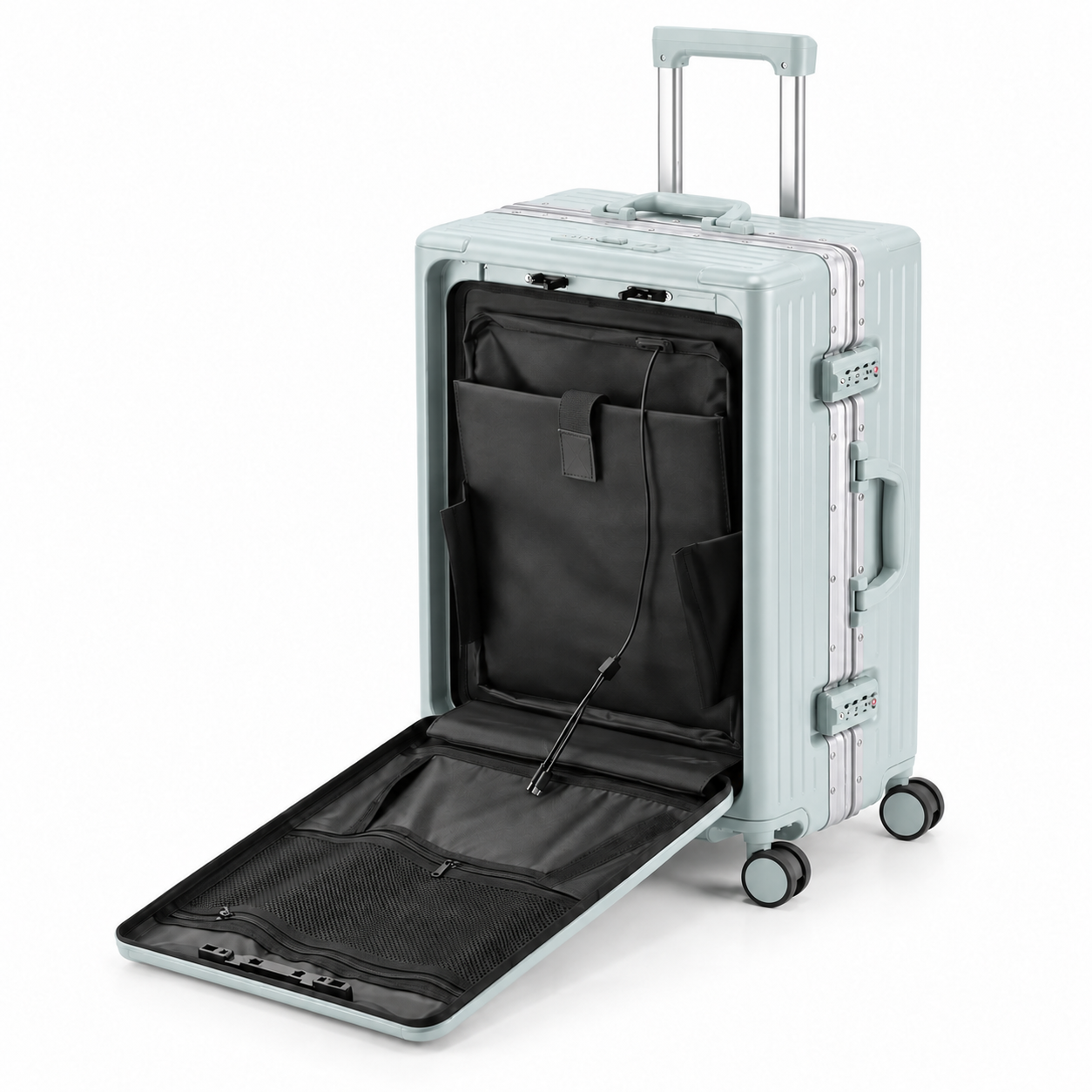Open front pocket and organiser compartments