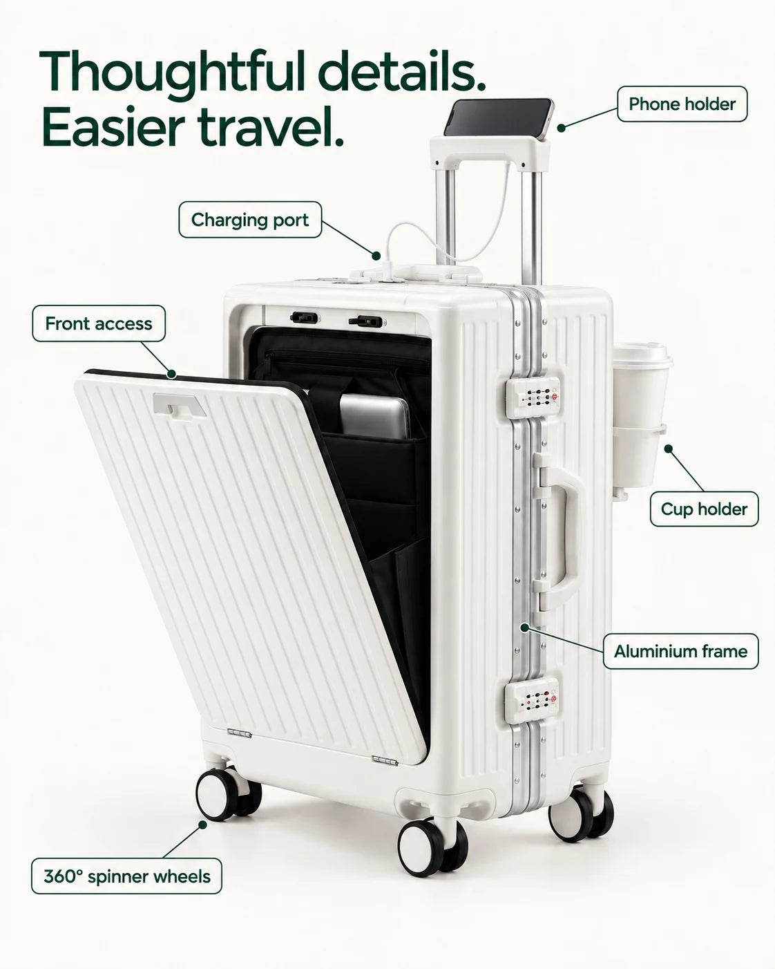 Portwell phone holder, charging port, front access, cup holder, spinner wheels and aluminium frame