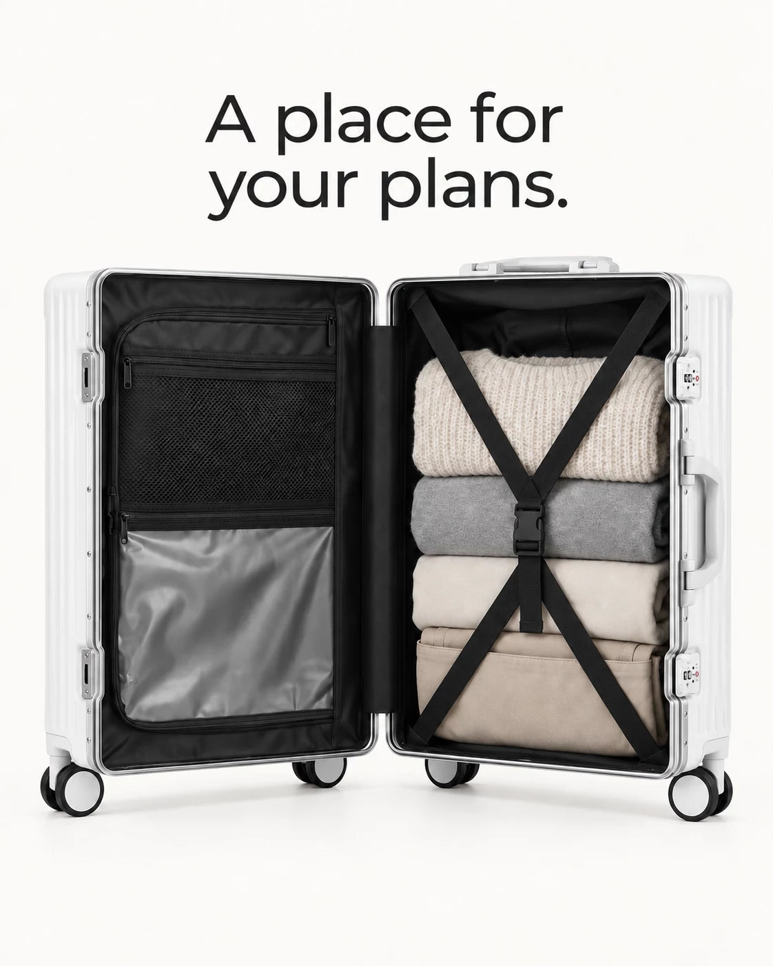 White Portwell suitcase packed with folded clothing