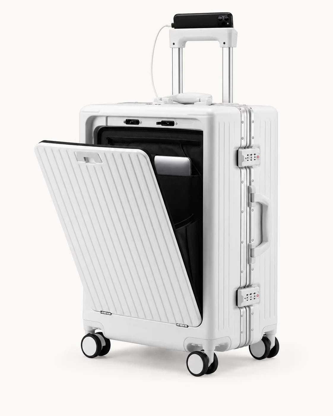White suitcase front pocket with laptop and phone holder