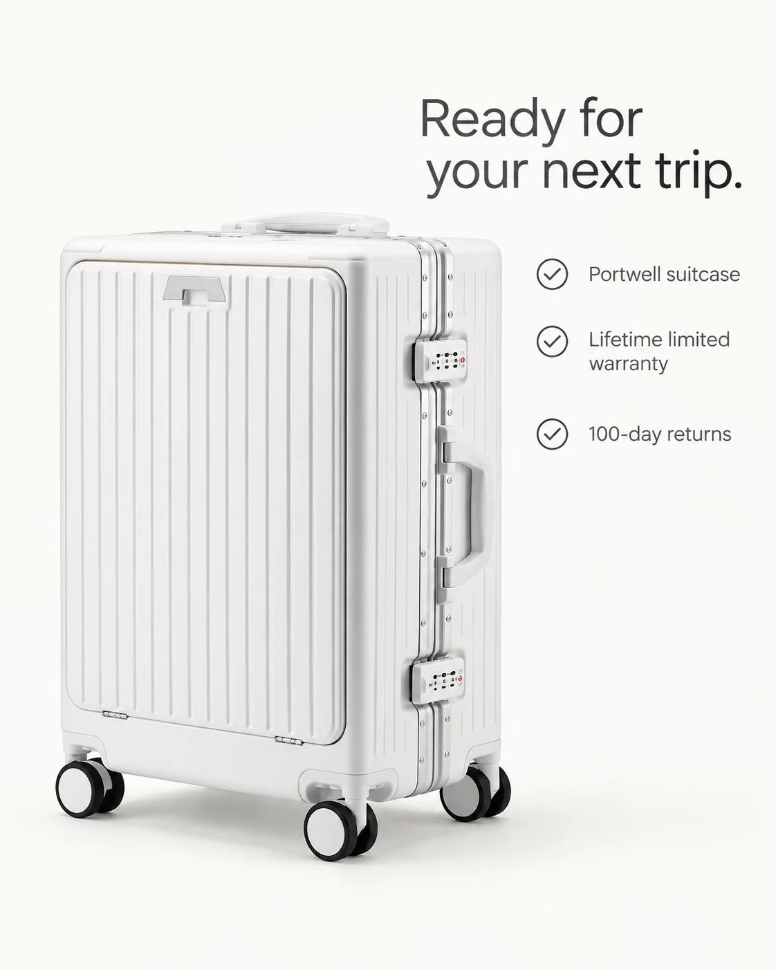 Portwell suitcase with lifetime limited warranty and 100-day returns