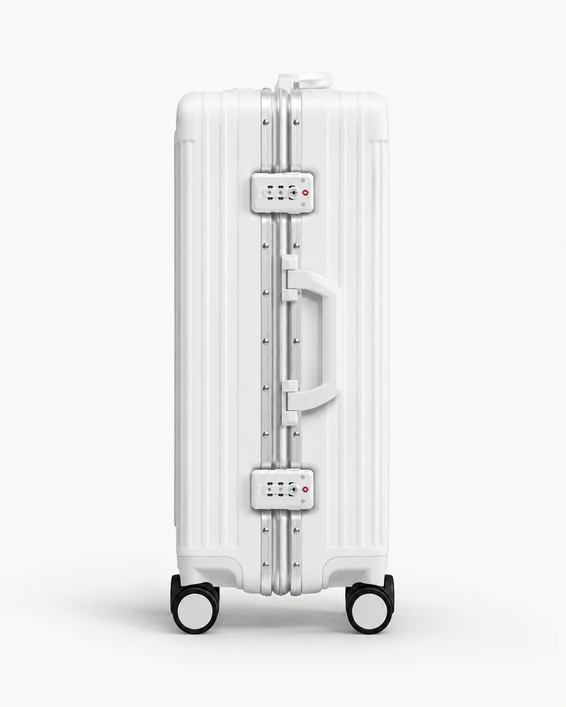 White suitcase side handle and combination locks